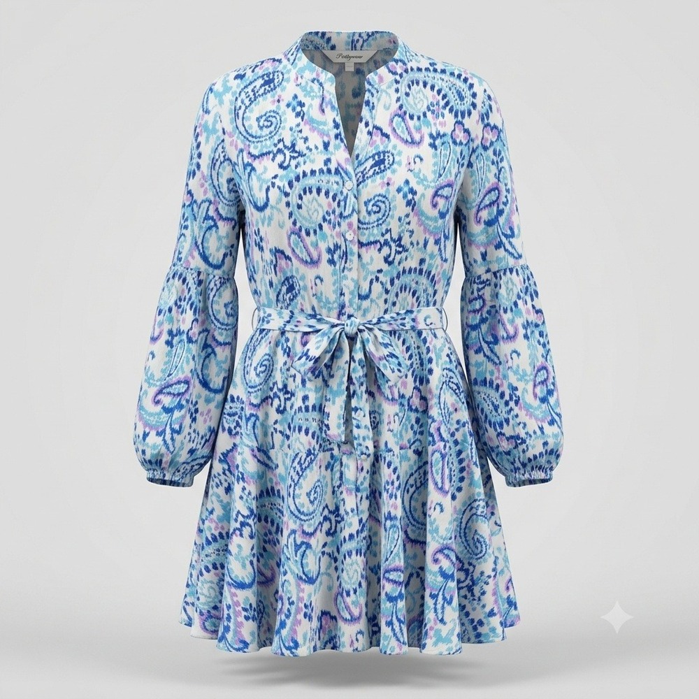 Prettywear Womens Blue Purple Paisley Ikat Balloon Sleeve‎ Tiered Mini Dress L